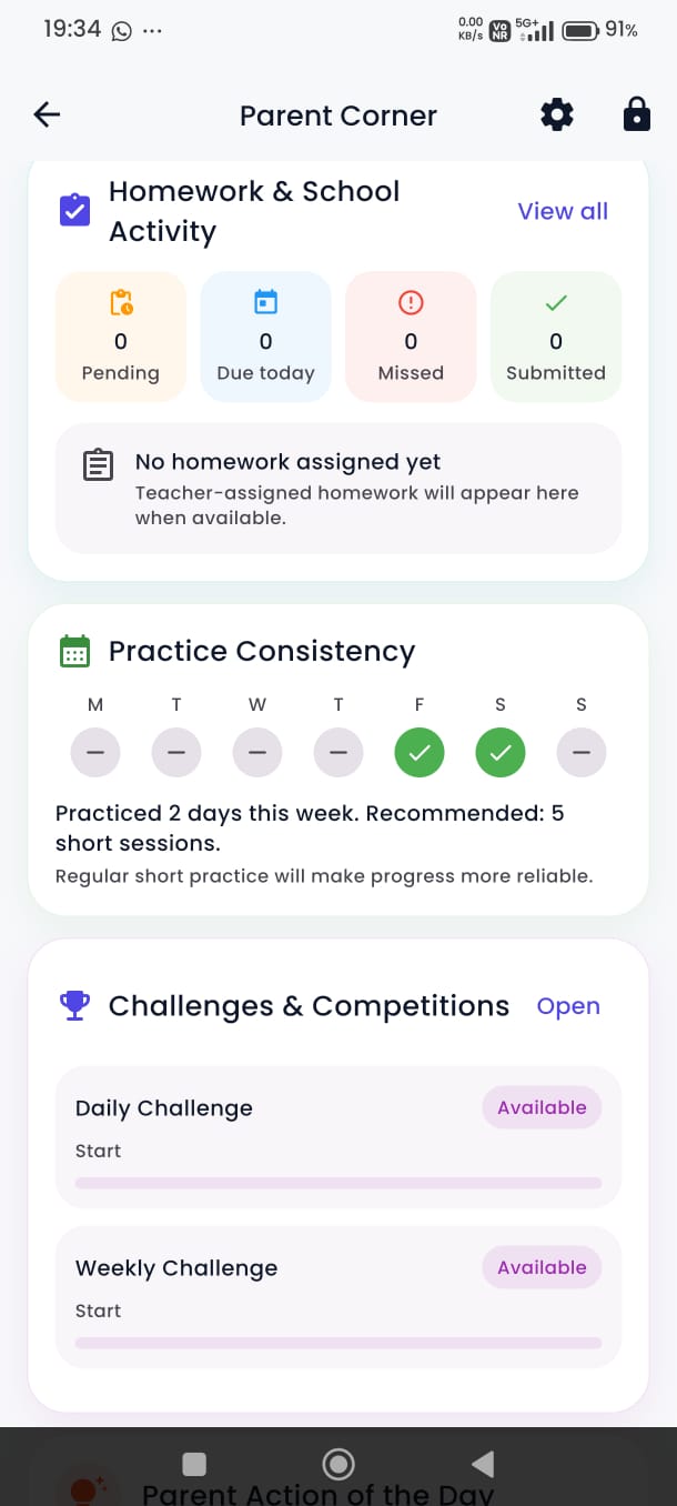 TinyTutor parent corner showing homework activity, practice consistency and challenges