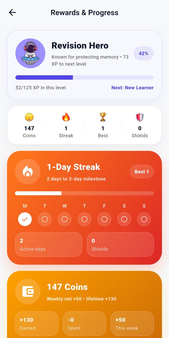 TinyTutor rewards and progress screen showing revision hero, XP, streak and coins