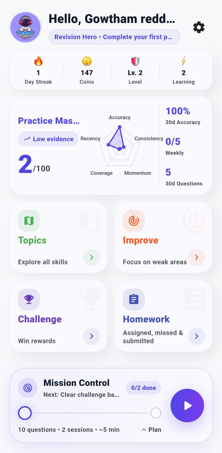 TinyTutor student app home screen with practice mastery, topics, challenge, homework and mission control